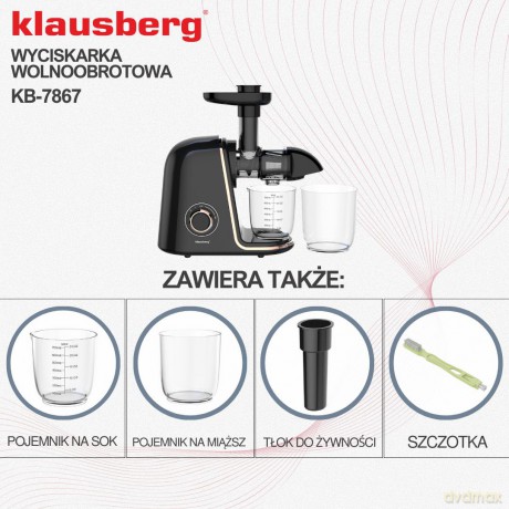 Wyciskarka wolnoobrotowa do owoców i warzyw, pozioma, czarna z elementami w kolorze różowego złota, 150w, klausberg, kb-7867