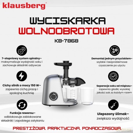 Wyciskarka wolnoobrotowa do owoców i warzyw, pozioma, szara, 150w, klausberg, kb-7868