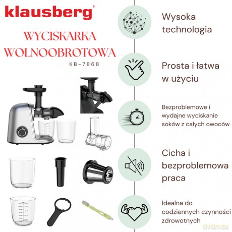 Wyciskarka wolnoobrotowa do owoców i warzyw, pozioma, szara, 150w, klausberg, kb-7868