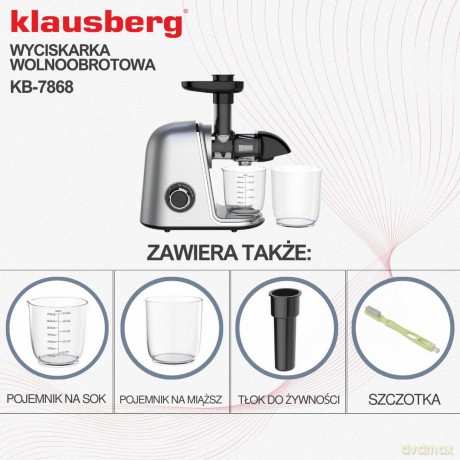 Wyciskarka wolnoobrotowa do owoców i warzyw, pozioma, szara, 150w, klausberg, kb-7868