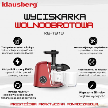 Wyciskarka wolnoobrotowa do owoców i warzyw, pozioma, wiśniowa czerwień, 150w, klausberg kb-7870