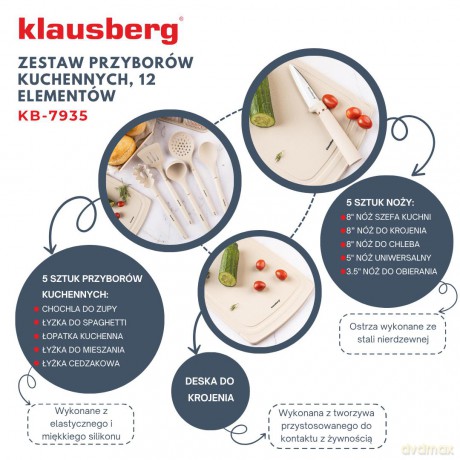 Zestaw noży i przyborów kuchennych z deską, 12 elementów, kolor beżowy, klausberg, kb-7935