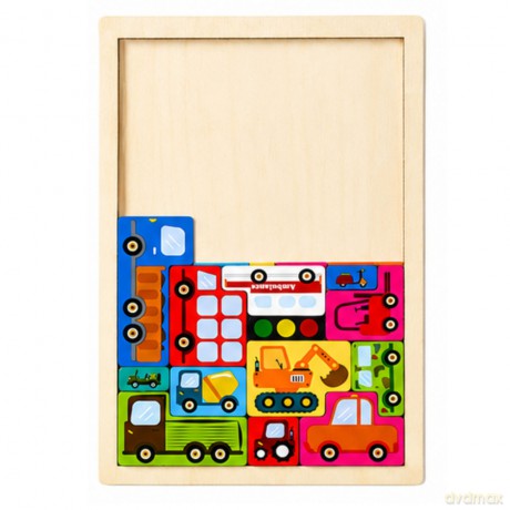 Drewniane Puzzle Łamigłówka Układanka Logiczna Pojazdy Kolorowe 23 el.