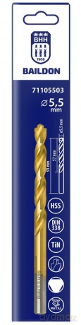 Wiertło do metalu Baildon DIN 338 RN 5,5 mm, HSS TiN (S), 93-57 mm (chwyt 3-płaszczyznowy)