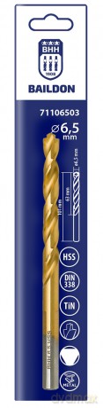 Wiertło do metalu Baildon DIN 338 RN 6,5 mm, HSS TiN (S), 101-63 mm (chwyt 3-płaszczyznowy)