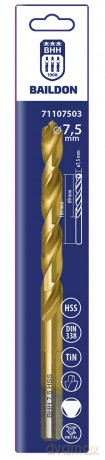 Wiertło do metalu Baildon DIN 338 RN 7,5 mm, HSS TiN (S), 109-69 mm (chwyt 3-płaszczyznowy)