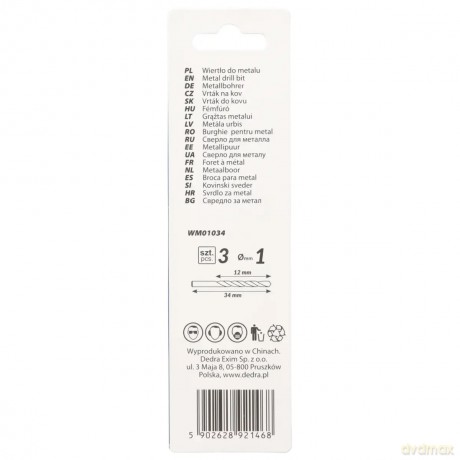 Wiertło do metalu, hss, stal 4341, 135°, 1x34mm, 3szt