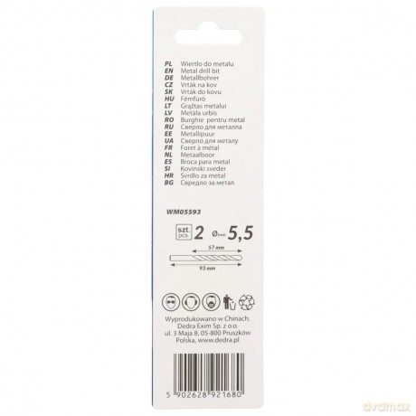Wiertło do metalu, hss, stal 4341, 135°, 5,5x93mm, 2szt