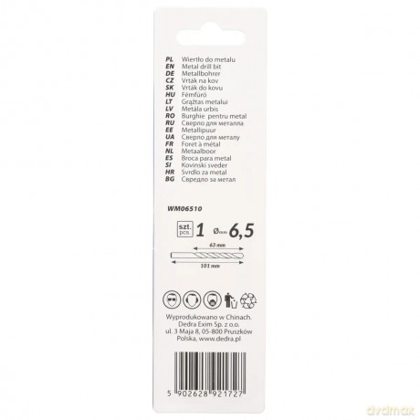 Wiertło do metalu, hss, stal 4341, 135°, 6,5x101mm, 1szt