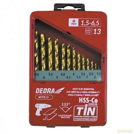 Zestaw 13szt wierteł do metalu hss+kobalt+tin, 135°