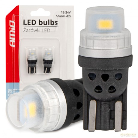 Żarówki led 360 pure light series standard t10 w5w 2x3020 smd white 12v 24v amio-03726