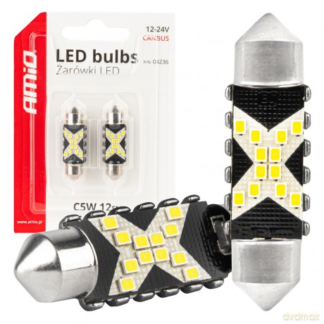 Żarówki led canbus festoon c5w 12smd 2016 36mm white 12v 24v amio-04236