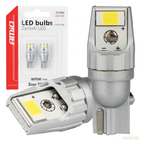 Żarówki led canbus t10 w5w 2smd 3570 white 12v 24v amio-04256