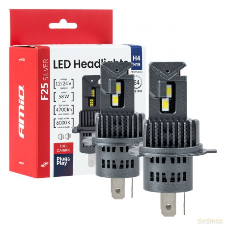 Żarówki samochodowe led f25 silver full canbus 58w h4 h19 12v 24v amio-04703