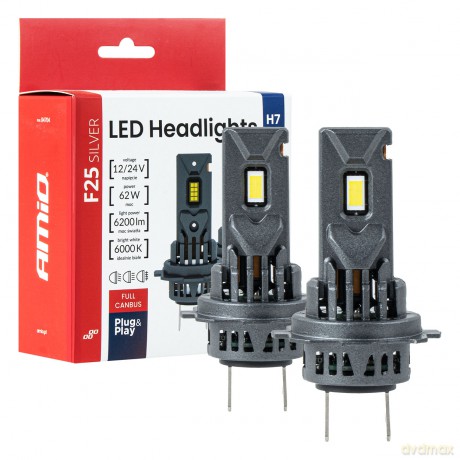 Żarówki samochodowe led f25 silver full canbus 62w h7 h18 12v 24v amio-04704