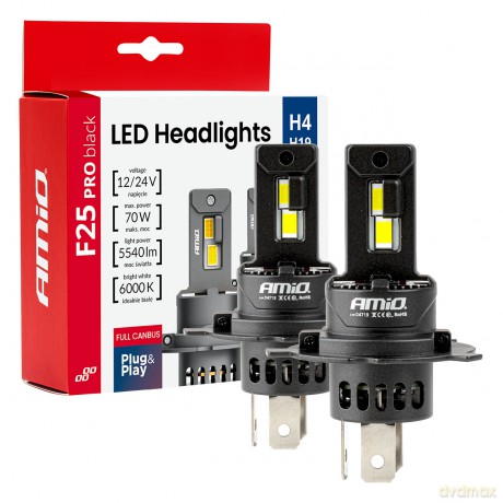Żarówki samochodowe led seria f25 pro black full canbus h4 h19 70w 12v 24v amio-04719