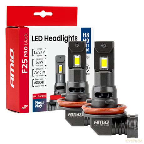Żarówki samochodowe led seria f25 pro black full canbus h8 h9 h11 h16 68w 12v 24v amio-04721