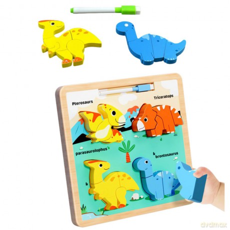 Układanka Tablica 2w1 Drewniana Edukacyjna Dinozaury Pisak