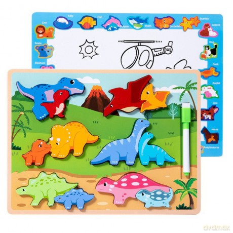 Układanka Tablica 2w1 Drewniana Edukacyjna Pisak Dinozaury 12el