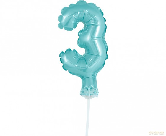 Balon 13cm foliowy na patyku "3" błękitna
