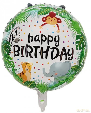 Balon foliowy Happy birthday dżungla, okrągły 45x45cm