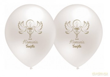 Balony lateksowe 12" Komunia Święta perłowo białe, gołębie 5szt./op.