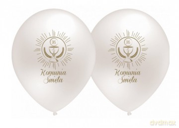 Balony lateksowe 12" Komunia Święta perłowo białe, kielich 5szt./op.