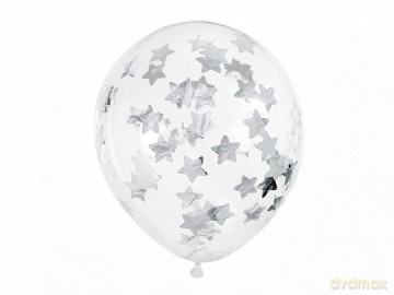 Balony z konfetti - gwiazdki, 30cm, srebrny: 1op./6szt.