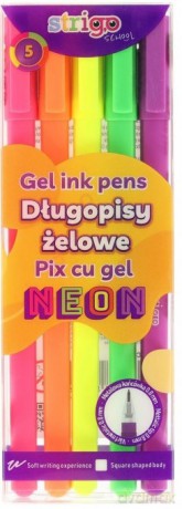 Długopisy żelowe 5 kolorów NEON
