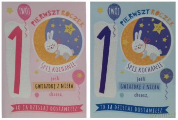Karnet B6 1 urodziny, roczek mix (brokat)
