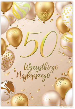 Karnet B6 50 Urodziny złote i beżowe balony