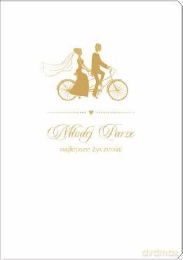 Karnet B6 ślub biało złoty, para młoda na rowerze S162