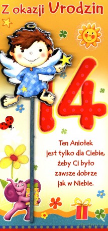 Karnet DL 14-Urodziny anioł MIX (aniołek na patyczku)