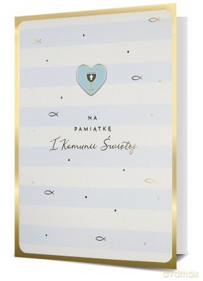 Karnet Gift Lux Komunia Św. niebieskie paski (karnet z przypinką)