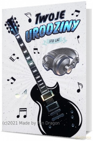 Karnet HM200 Urodziny, czarno srebrne - gitara i słuchawki HM200-2208