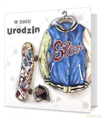 Karnet kwadrat Urodziny chłopak - deskorolka i buza HM-200-1342
