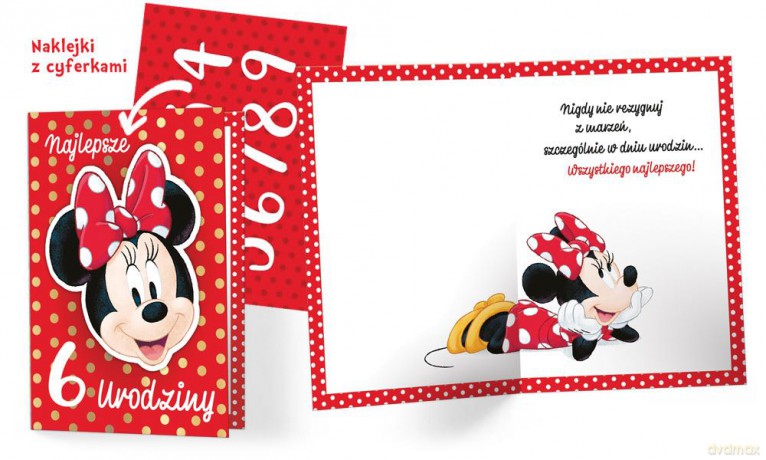 Karnet z naklejaną cyfrą Urodziny Myszka Minnie, złote kropki