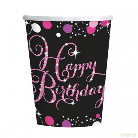 Kubki Happy Birthday błyszczące różowe op.8szt