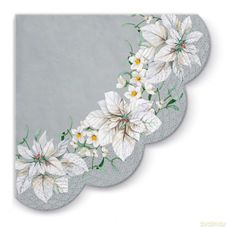 Serwetka BN Decor Round White poinsettia silver 32cm średnicy, 12szt./op. - serwetka okrągła