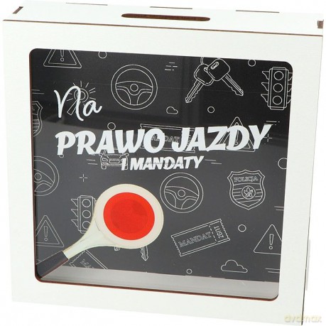 Skarbonka drewniana "na prawo jazdy i mandaty" (17,5x17,5x5,5cm)