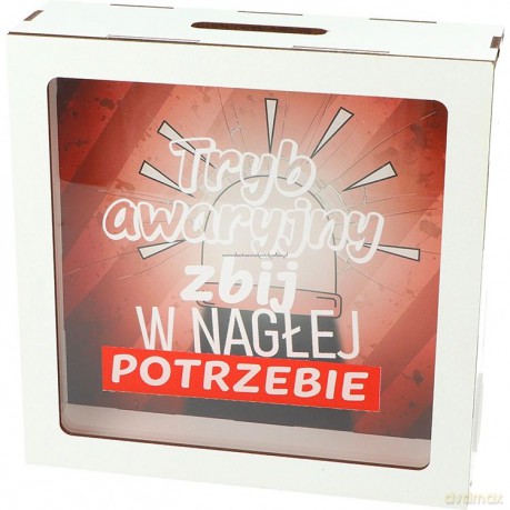 Skarbonka drewniana "Tryb awaryjny, zbij w nagłej potrzebie" (17,5x17,5x5,5cm)