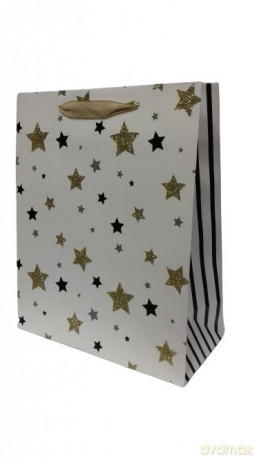 Torebka ozdobna biała w gwiazdki, brokat 32x26x12cm M