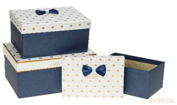 Zestaw pudełek, granatowe, kremowe wieczko w serduszka (S:19x13x9,5cm, M:22x15x11cm, L:26x18x12 cm) cm 3 szt.