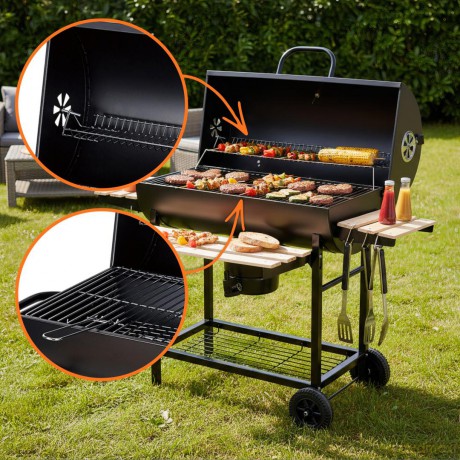 Duży grill ogrodowy, węglowy, pokrywa + półki + popielnik