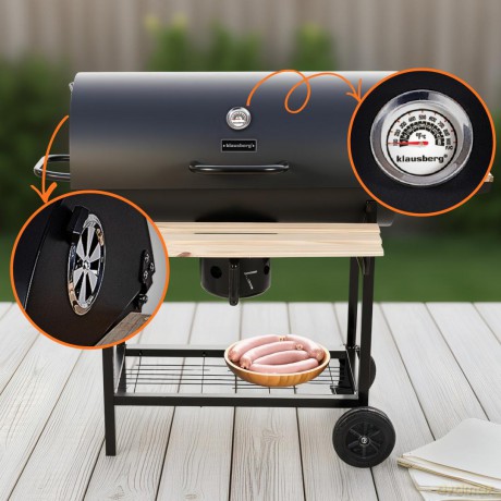 Duży grill ogrodowy, węglowy, pokrywa + półki + popielnik