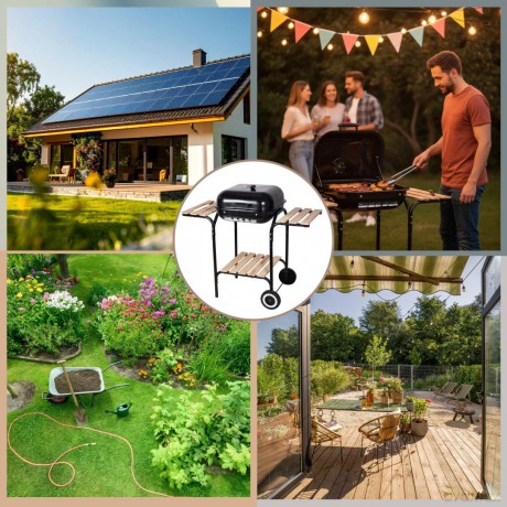 Grill ogrodowy, węglowy, z pokrywą, z półkami i kółkami