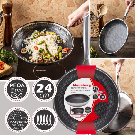 Patelnia powłoka non-stick honeycomb, 24 cm, 3-warstwy, stal 304, pfoa-free