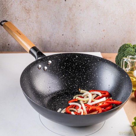 Patelnia wok 30 cm, stal węglowa, powłoka marmurkowa nieprzywierająca, drewniany uchwyt, kinghoff, kh-1983