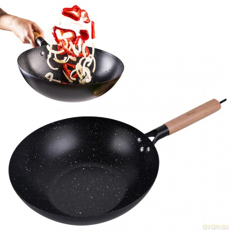 Patelnia wok 30 cm, stal węglowa, powłoka marmurkowa nieprzywierająca, drewniany uchwyt, kinghoff, kh-1983
