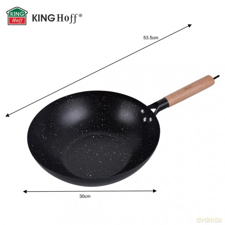 Patelnia wok 30 cm, stal węglowa, powłoka marmurkowa nieprzywierająca, drewniany uchwyt, kinghoff, kh-1983